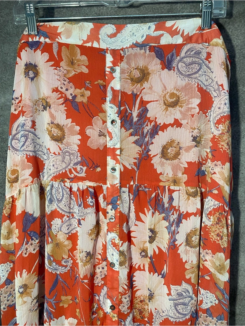 Fourteenth Place 2X Floral Paisley Tiered Maxi Skirt Orange Boho Button Front - Picture 3 of 11
